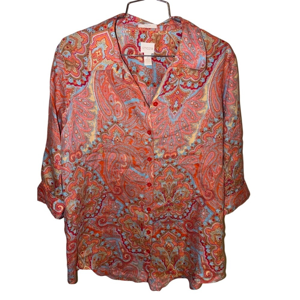 Chicos No Iron Paisley Button Down Shirt Coral Orange Blue Size 2 Womens